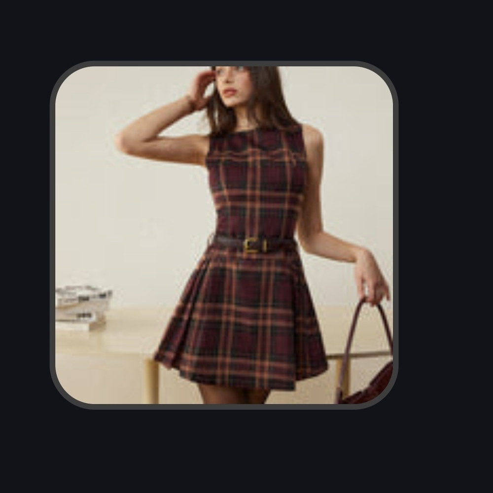Commense Burgundy Plaid Mini Dress